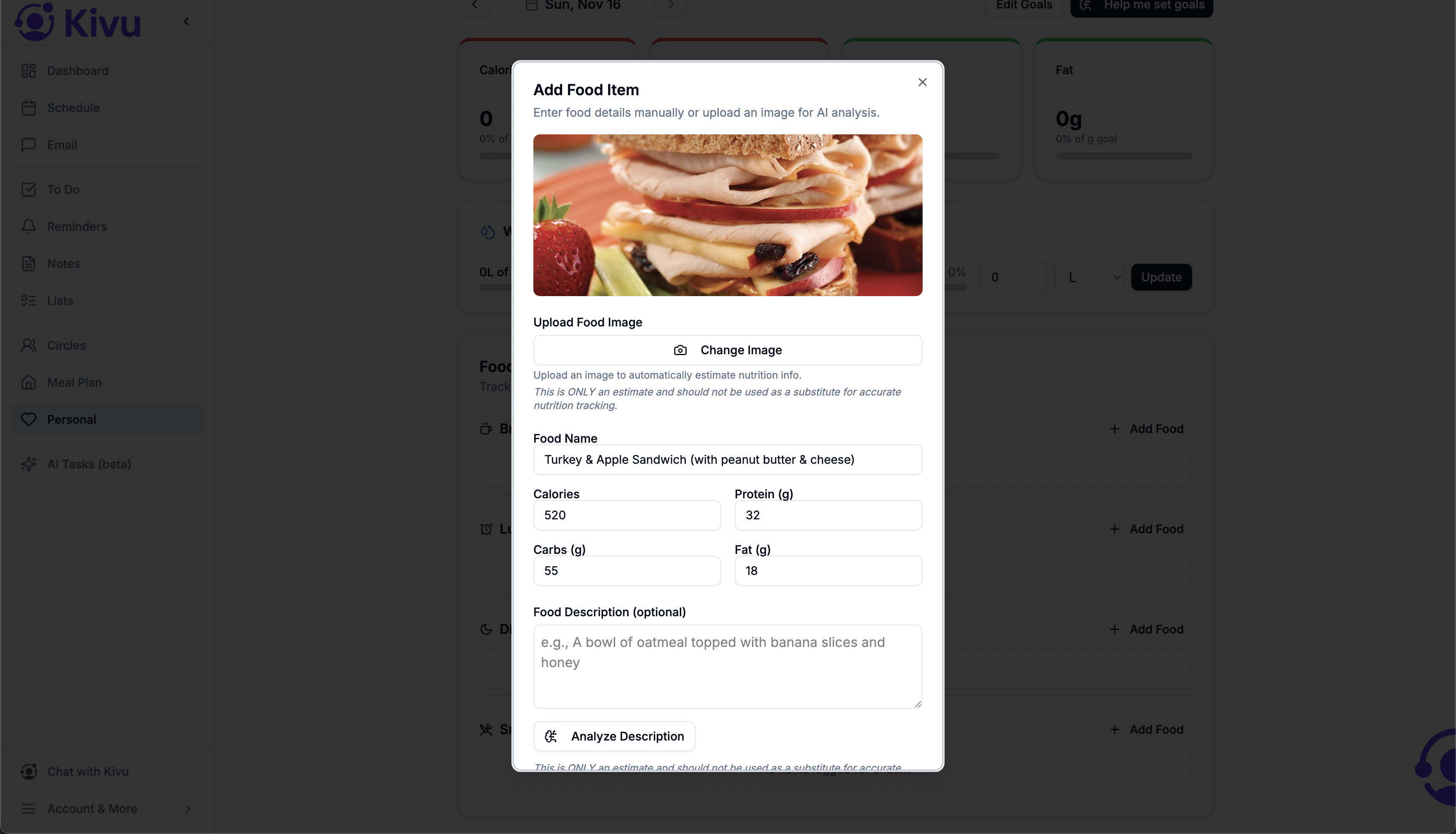 Web food logging with AI image analysis